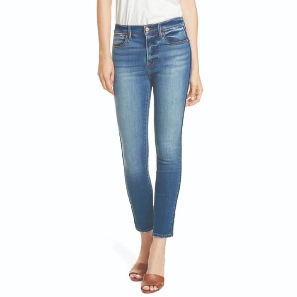 Frame Le High Skinny Low Rise Y2K Style Stretch Tux Pipping Jeans Serrano Blue